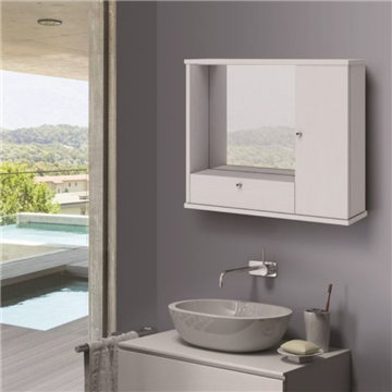 Miroir de salle de bains avec porte et abattant en frêne blanc