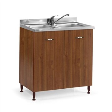 Meuble sous évier 2 portes 80 cm avec deux vasques, évier inclus couleur noyer antique