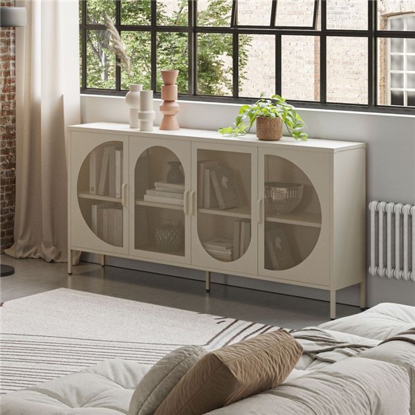 Credenza in metallo Tayra con 4 ante reticolate crema 160x40x90H - Stile moderno e anima industrial Credenza in metallo Tayra con 4 ante reticolate crema 160x40x90H - Stile moderno e anima industrial