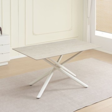 Table fixe sable avec plateau en céramique beige et structure en métal blanc 160x90x76H
