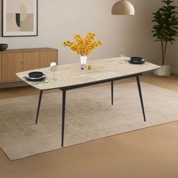 Table à rallonge effet marbre beige travertin avec pieds noirs 145x80x75H extensible à 185 Yense