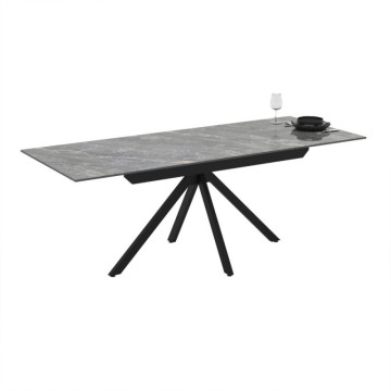 Table à rallonge en céramique effet marbre gris et pieds en métal noir 140/200x80x76H Perla