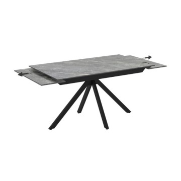Table à rallonge en céramique effet marbre gris et pieds en métal noir 140/200x80x76H Perla