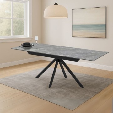 Table à rallonge en céramique effet marbre gris et pieds en métal noir 140/200x80x76H Perla