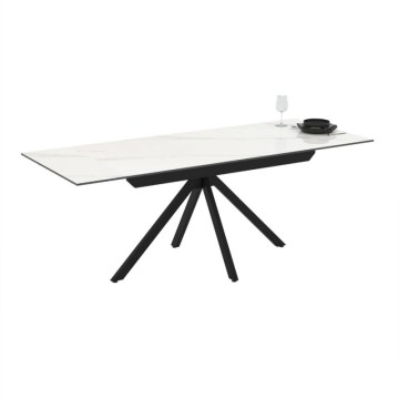 Table à rallonge en céramique blanche effet marbre et pieds en métal noir 140/200x80x76H Perla