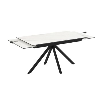 Table à rallonge en céramique blanche effet marbre et pieds en métal noir 140/200x80x76H Perla