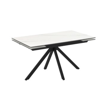 Table à rallonge en céramique blanche effet marbre et pieds en métal noir 140/200x80x76H Perla