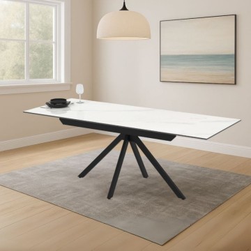 Table à rallonge en céramique blanche effet marbre et pieds en métal noir 140/200x80x76H Perla