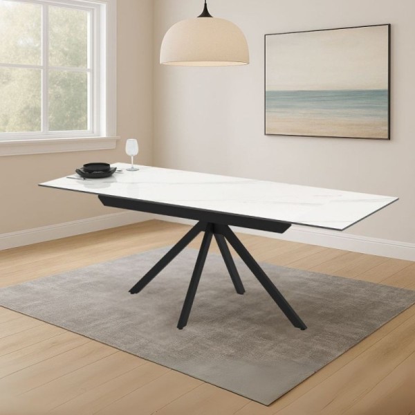 Table à rallonge en céramique blanche effet marbre et pieds en métal noir 140/200x80x76H Perla Table à rallonge en céramique blanche effet marbre et pieds en métal noir 140/200x80x76H Perla