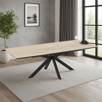 Table à rallonge, plateau effet marbre beige travertin et piétement noir 180/240x100x76H Verano