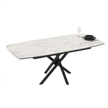Table à rallonge avec plateau en marbre blanc et pieds en croix noirs 138/178x90x76H Katrin