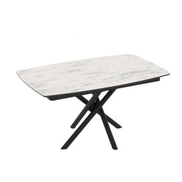Table à rallonge avec plateau en marbre blanc et pieds en croix noirs 138/178x90x76H Katrin