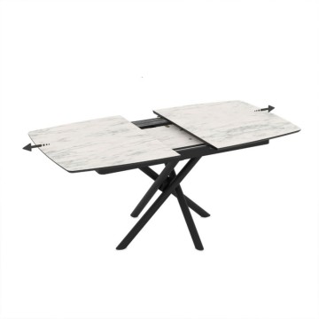 Table à rallonge avec plateau en marbre blanc et pieds en croix noirs 138/178x90x76H Katrin