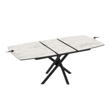 Table à rallonge avec plateau en marbre blanc et pieds en croix noirs 138/178x90x76H Katrin