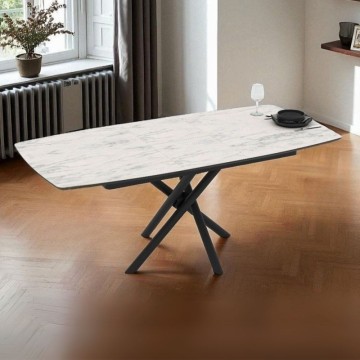 Table à rallonge avec plateau en marbre blanc et pieds en croix noirs 138/178x90x76H Katrin