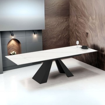 Table à rallonge avec plan en céramique effet marbre blanc et pieds en métal noir 180x90x77H Monza