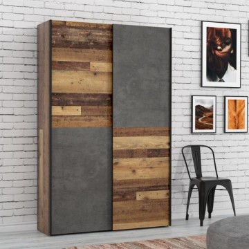 Armoire 2 portes coulissantes 120x42x190,5H coloris chêne et gris ciment Zeno