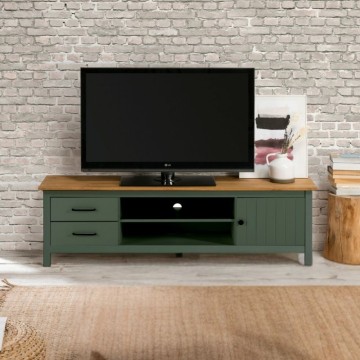 Meuble TV en bois massif 1 porte 2 tiroirs pin vert et miranda 158x40x47H