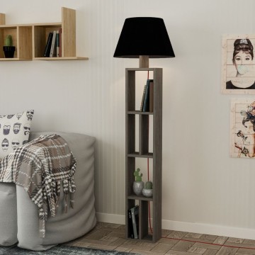 Lampadaire Giorno en bois avec bibliothèque et abat-jour noir