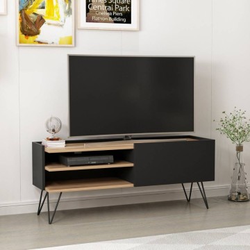 Meuble TV Aral noir et noyer avec porte à abattant