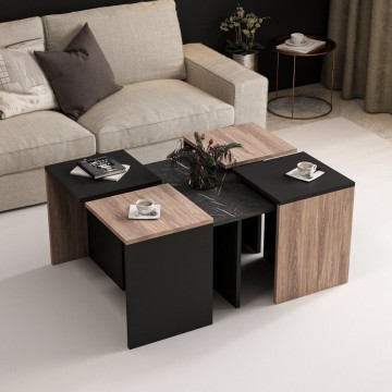 Table basse Owentav noire et noyer central à effet marbré