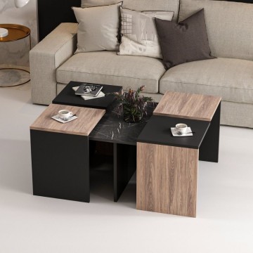 Table basse Owentav noire et noyer central à effet marbré