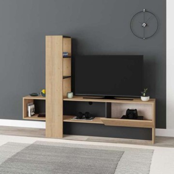 Meuble TV Troya en chêne anthracite avec porte à abattant