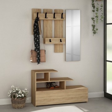 Meuble d'entrée en chêne avec porte-chaussures et miroir