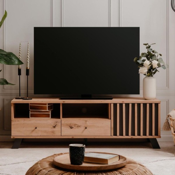 Medan56A Meuble TV 2 tiroirs et porte avec compartiments ouverts chêne anthracite Medan56A Meuble TV 2 tiroirs et porte avec compartiments ouverts chêne anthracite