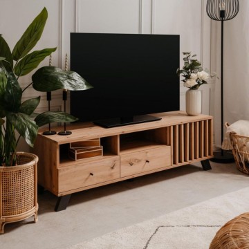 Medan56A Meuble TV 2 tiroirs et porte avec compartiments ouverts chêne anthracite