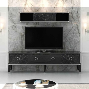 Meuble TV avec unité murale Bientv 180 noir effet marbre détails argentés