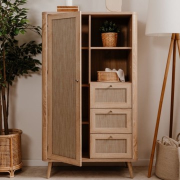 Buffet KUTA53 sonoma oak 3 tiroirs et porte effet raphia