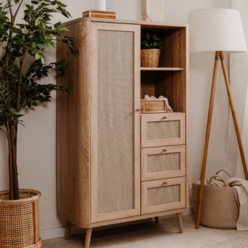 Buffet KUTA53 sonoma oak 3 tiroirs et porte effet raphia