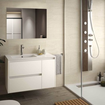 Meuble de salle de bain suspendu en mélèze blanc Resia 90x46x54 H