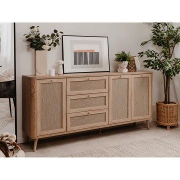 KUTA51A buffet chêne sonoma 3 tiroirs et 3 portes effet raphia