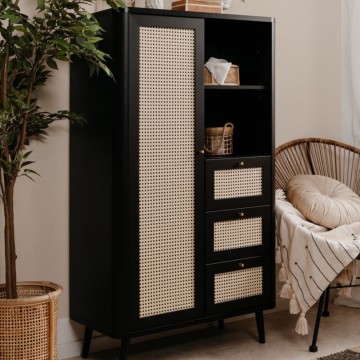 Buffet KUTA53 noir 3 tiroirs et porte effet raphia
