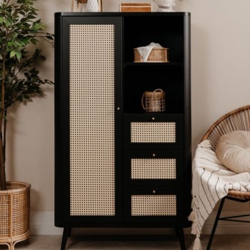 Buffet KUTA53 noir 3 tiroirs et porte effet raphia