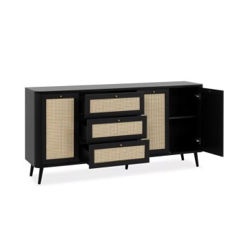 KUTA51A buffet noir 3 tiroirs et 3 portes effet raphia